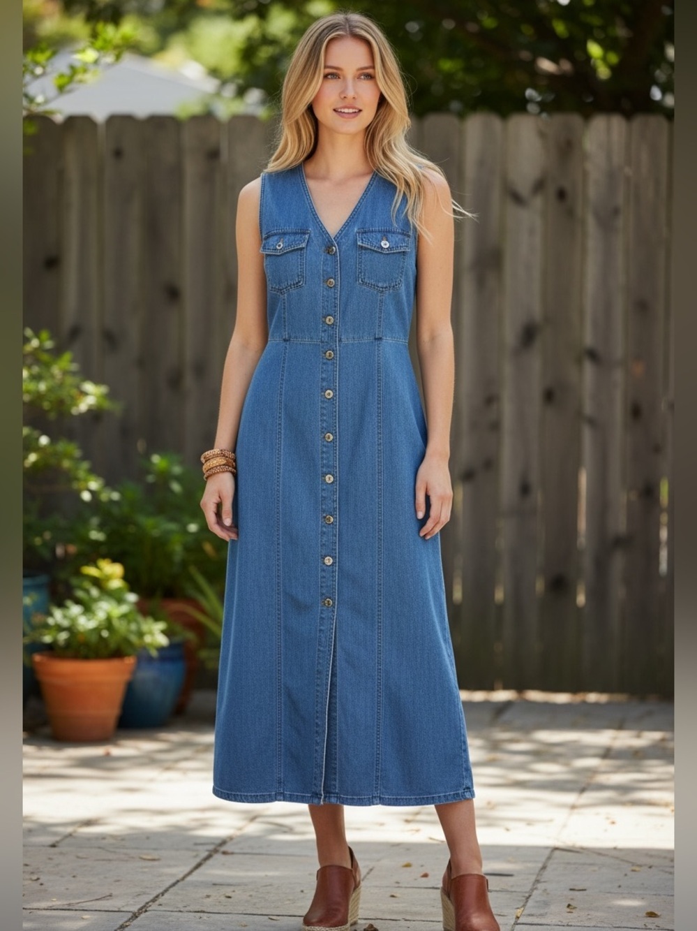 Vintage Blue Denim Sleeveless 90’s Pleated Waist Button Front Midi/Maxi Dress